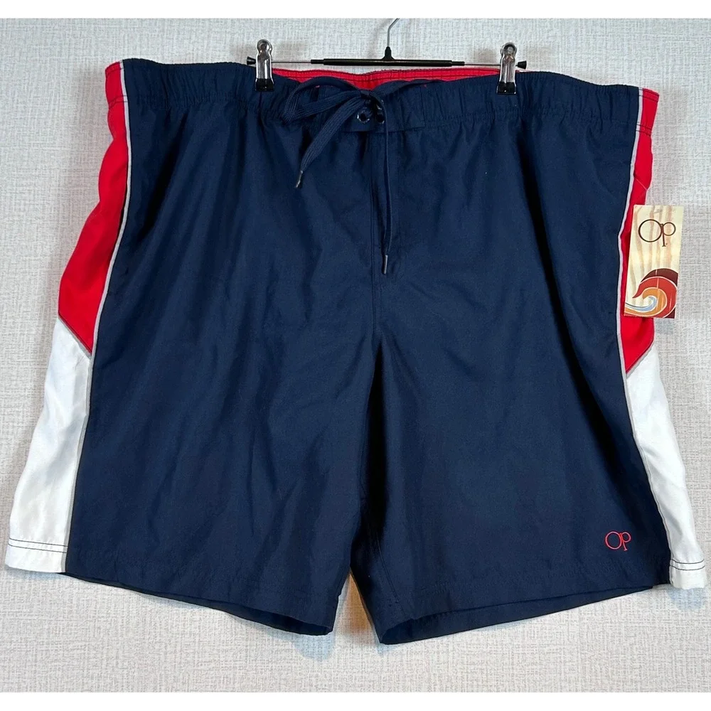 NWT Ocean Pacific Mens 3XL Swim Trunks Dark Navy Red Retro Surf Classic Sunguard